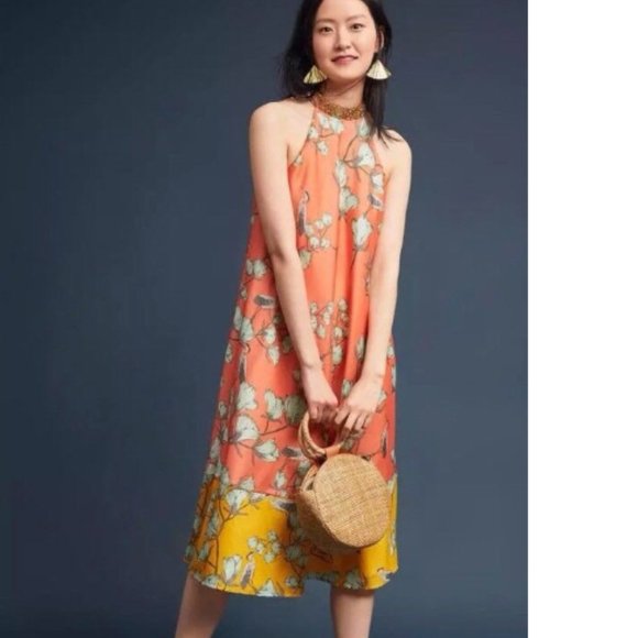 Anthropologie Dresses & Skirts - Anthropologie Beaded Blossom Cranes Silk Halter Neck Dress By Varun Bahl…